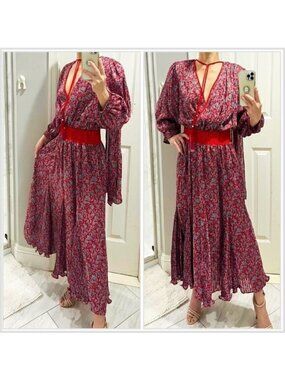 Diane Freis Vintage red /gray floral plunge neck flare dress